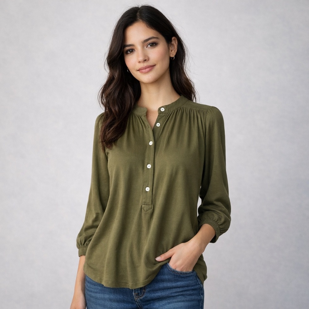 J.Crew Olive Green 100% Modal Draped Button Front Peasant Blouse XS